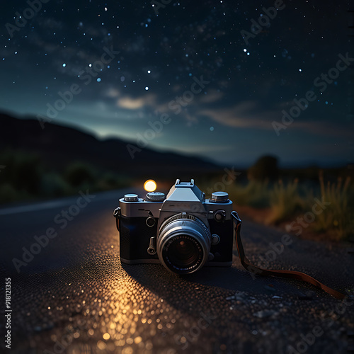 photography camera on the glowing road, world photography day concept, AI Generative