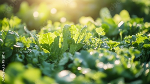 Close-up of a lush green vegetable garden with various plants and leafy greens growing, with sunlight filtering through the leaves and casting gentle shadows.