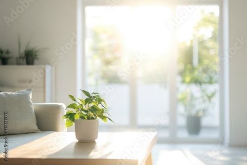 Blur living room at home with morning sunlight at big window for background usage. blur interior background concept. white, britht tone with generative ai photo