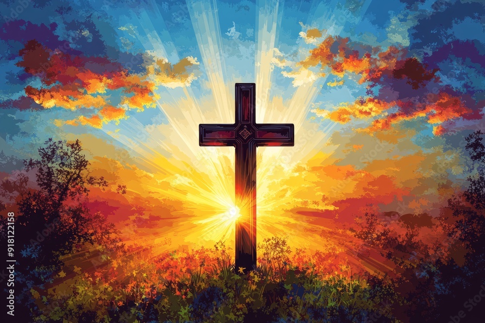 Fototapeta premium Cross Sunset Serenity Christianity Religion Spiritual Symbol - Generative AI