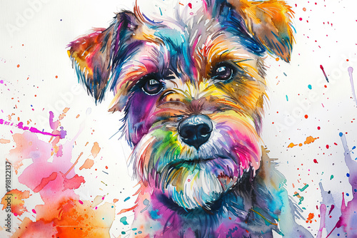 Colorful watercolor painting of a terrier dog