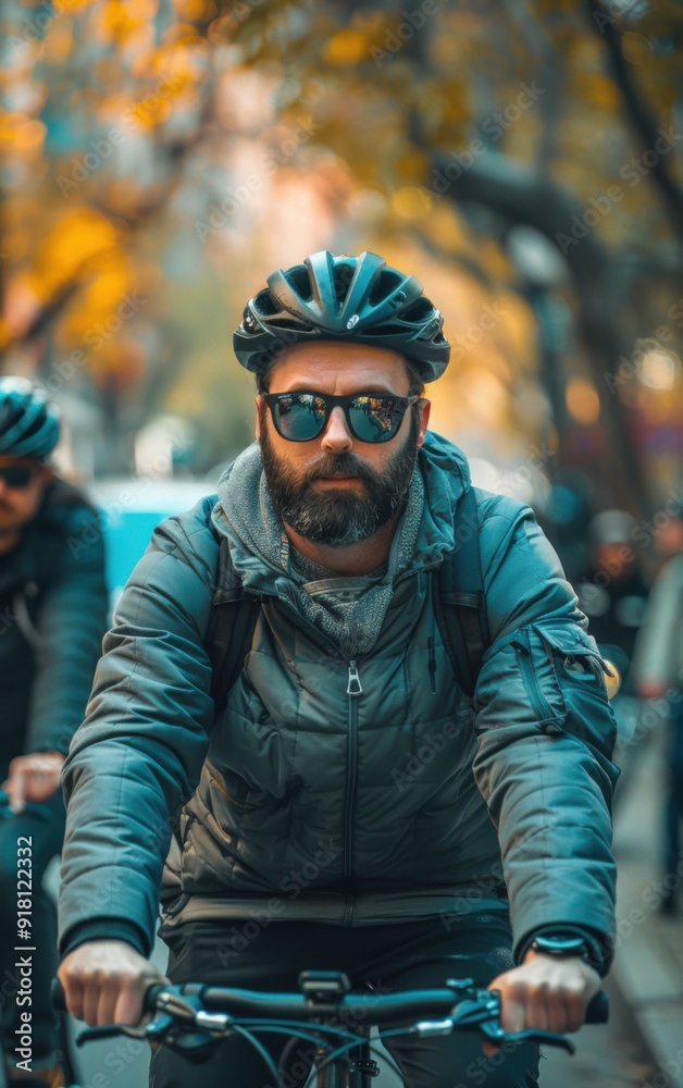 A man wearing a helmet and sunglasses rides a bicycle down a street. He is the only person on the bike A man wearing a helmet and sunglasses rides a bicycle down a street. He is the only person on the bike