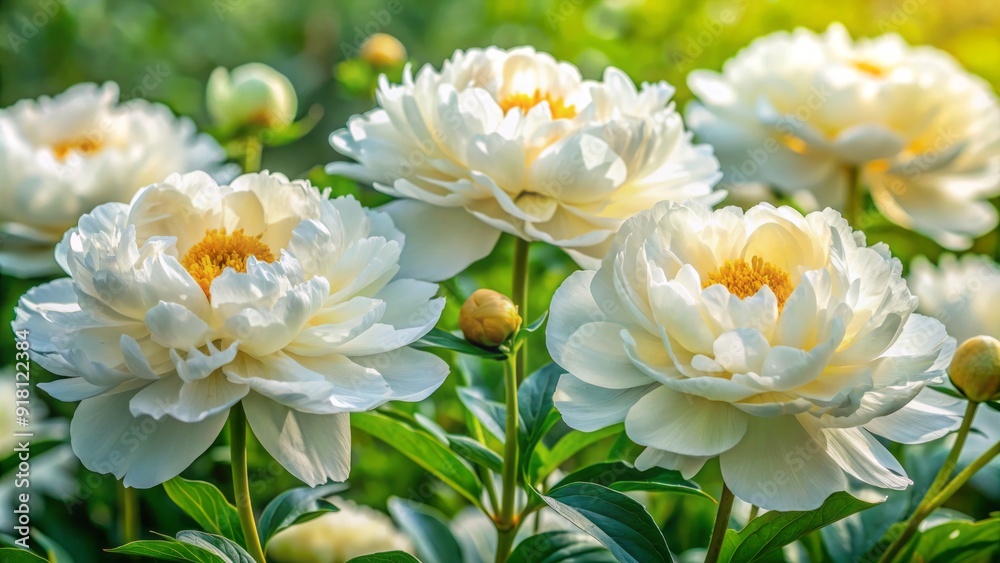Delicate white peony blooms with soft, ruffled petals and golden yellow centers sit atop lush green stems in a serene, natural outdoor setting. Delicate white peony blooms with soft, ruffled petals and golden yellow centers sit atop lush green stems in a serene, natural outdoor setting.