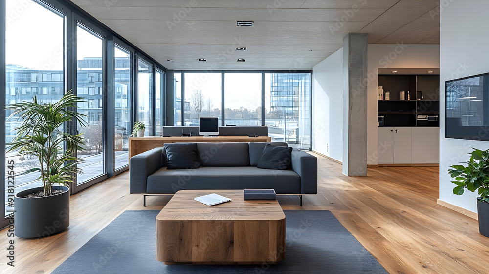 Naklejka premium Modern office interior with large windows, grey sofa and wooden coffee table.