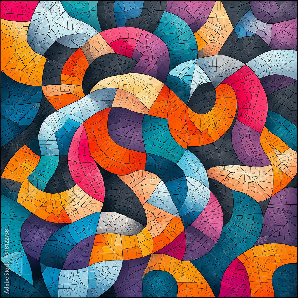 Fototapeta premium Complex tessellation pattern with interlocking shapes and a bright, bold color scheme