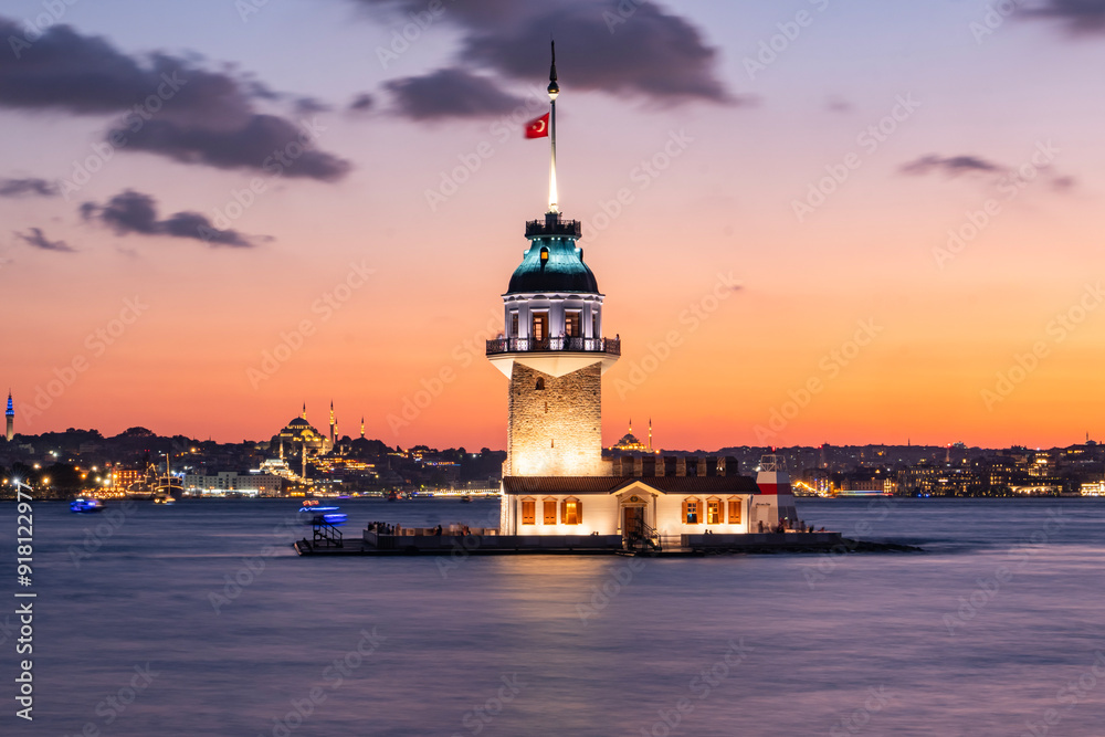 New Maiden's Tower (Yeni Kiz Kulesi) in the Sunset Time Colors Drone Photo, Uskudar Istanbul, Turkiye (Turkey) New Maiden's Tower (Yeni Kiz Kulesi) in the Sunset Time Colors Drone Photo, Uskudar Istanbul, Turkiye (Turkey)
