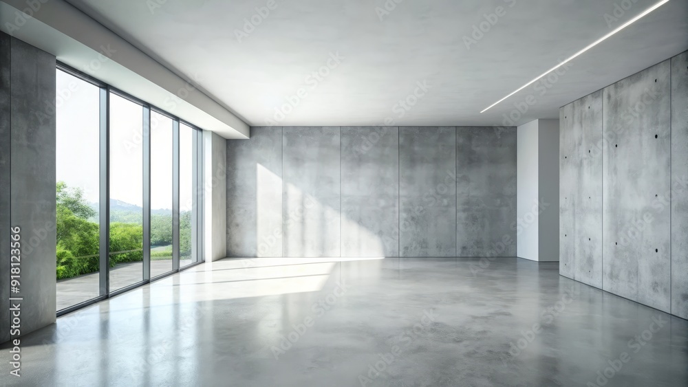 Fototapeta premium Empty modern interior scene featuring a light gray concrete floor, white walls, and a subtle gradient background, ideal for product or lifestyle photography.