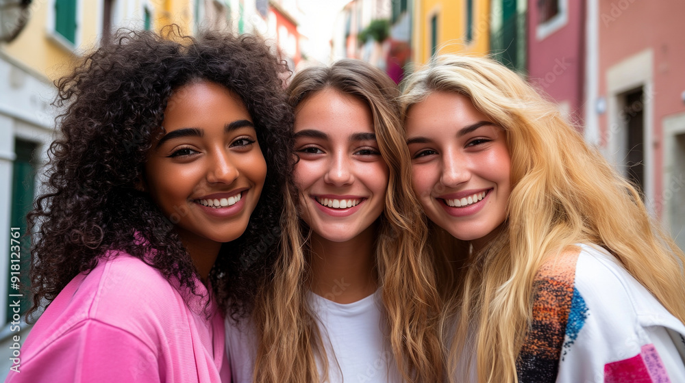 A portrait of three women, smiling and posing for the camera in an urban setting with colorful buildings in their background A portrait of three women, smiling and posing for the camera in an urban setting with colorful buildings in their background
