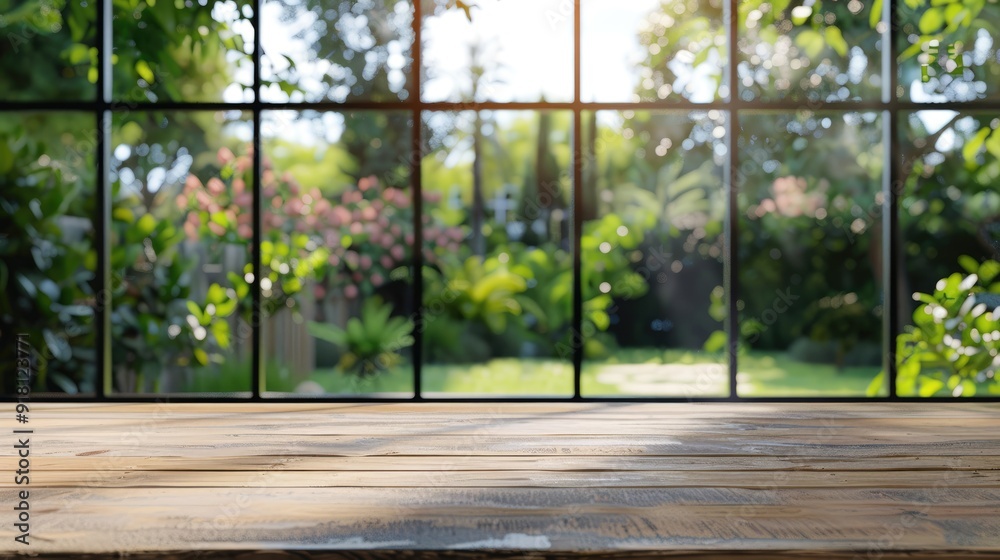 Naklejka premium Blank wooden table with blurred garden window view, offering space for product display against a scenic backyard.
