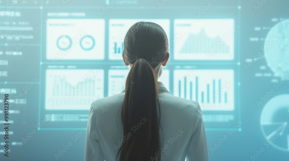 Businesswoman analyzing data on futuristic digital screens showcasing graphs and charts in a modern technological workspace. Businesswoman analyzing data on futuristic digital screens showcasing graphs and charts in a modern technological workspace.