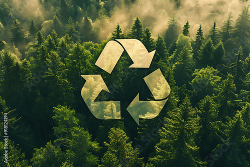 Recycling Symbol Over Lush Green Forest, Sustainability Concept photo