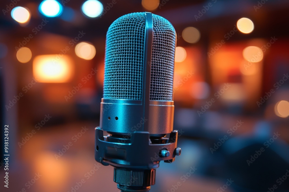 A podcast microphone in a studio. Generative AI A podcast microphone in a studio. Generative AI