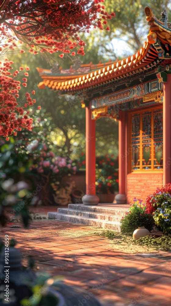 Fototapeta premium A red and orange building with a red roof and a white door. The building is surrounded by a garden with flowers and plants. The scene is peaceful and serene, with the sun shining on the building