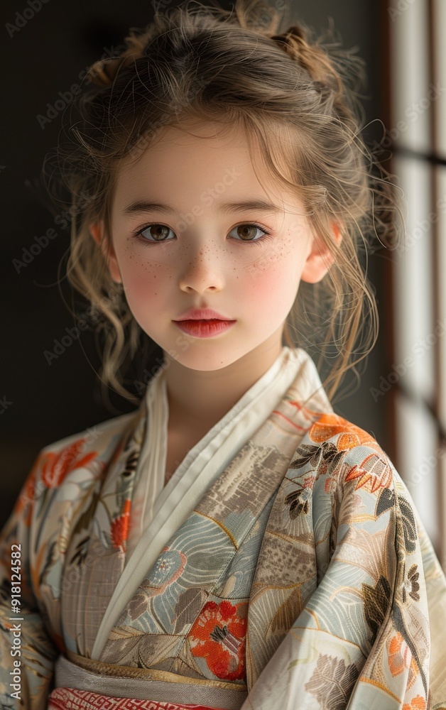 A young girl wearing a kimono with a flower pattern. She has a red lipstick on and her hair is in a bun A young girl wearing a kimono with a flower pattern. She has a red lipstick on and her hair is in a bun