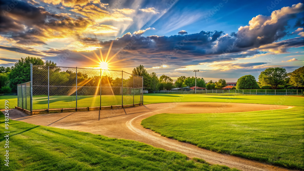 Sun-kissed baseball diamond with lush green grass, white bases, and a chain-link fence, evoking nostalgia and youthful summer memories in a serene suburban setting. Sun-kissed baseball diamond with lush green grass, white bases, and a chain-link fence, evoking nostalgia and youthful summer memories in a serene suburban setting.