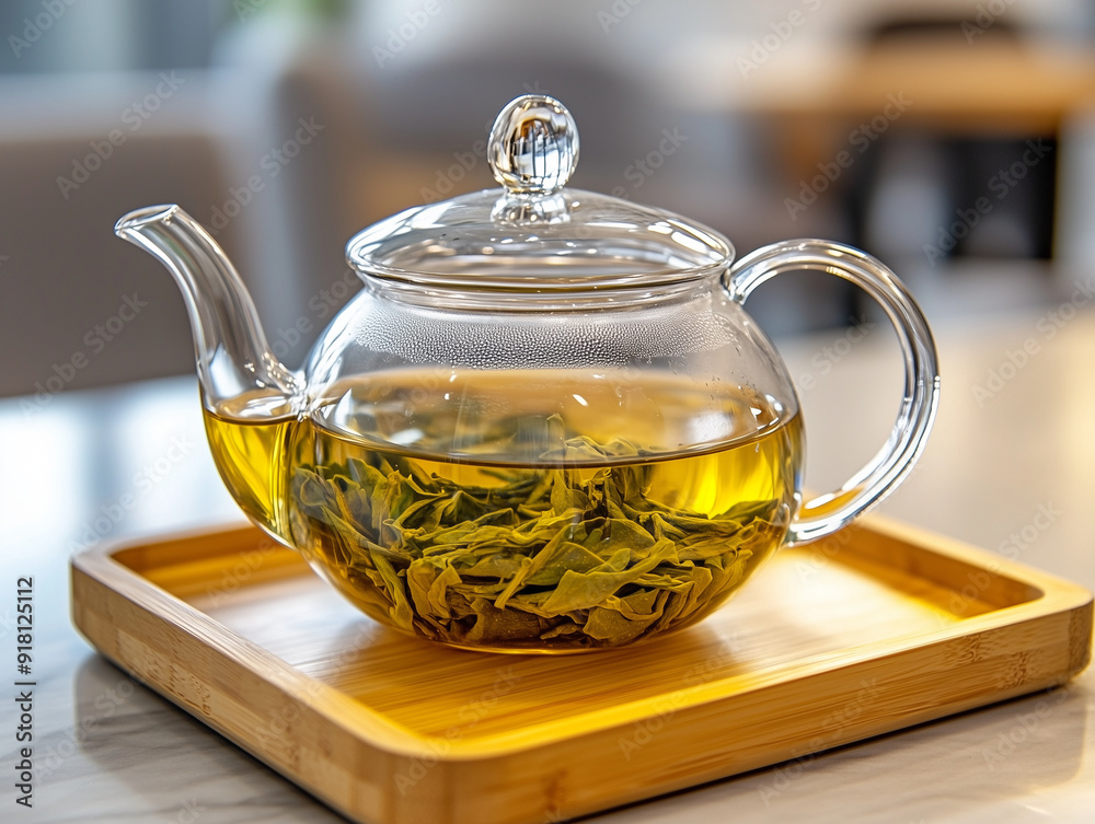 A glass teapot containing tea sits on a wooden tray. It is half filled with yellow-green tea leaves and loose-leaf tea. The background features a modern interior design A glass teapot containing tea sits on a wooden tray. It is half filled with yellow-green tea leaves and loose-leaf tea. The background features a modern interior design
