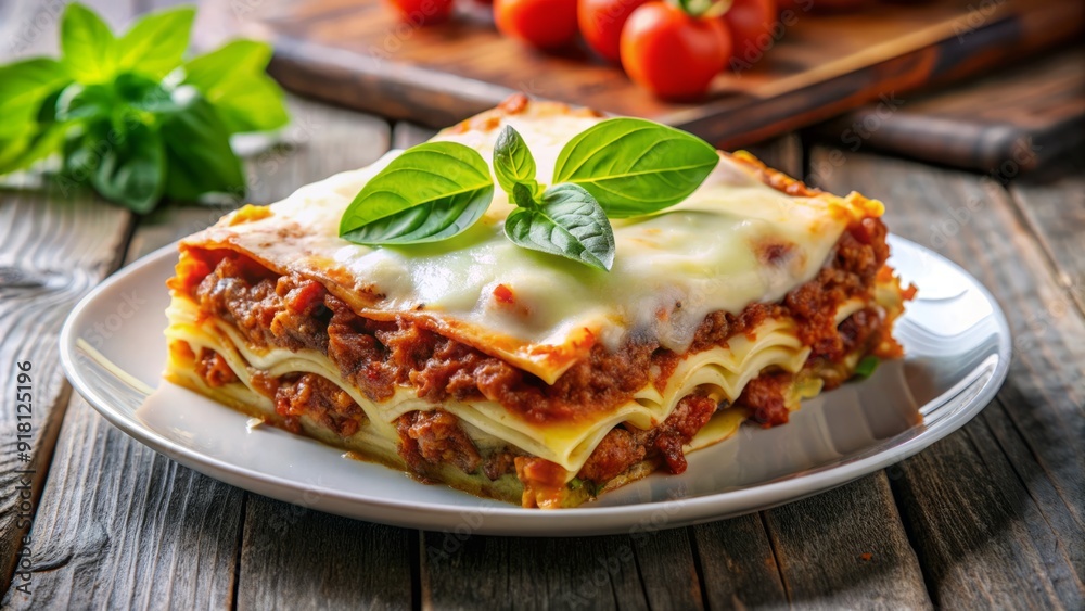 Freshly baked lasagna slice, layered with rich meat sauce, melted mozzarella cheese, and fresh basil leaves, served on a crisp white ceramic plate. Freshly baked lasagna slice, layered with rich meat sauce, melted mozzarella cheese, and fresh basil leaves, served on a crisp white ceramic plate.