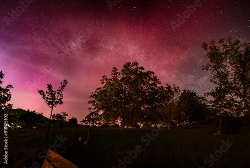 Experience the rare beauty of the Northern Lights in Germany as they ripple across the night sky, casting a gentle glow over the lush summer landscape below and the milky way in the background.