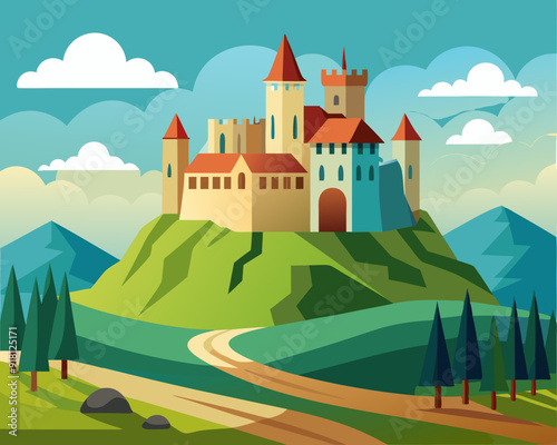 Great Medieval Castle On The Hill Landscape