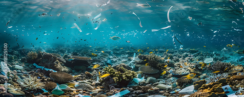 Underwater scene with marine pollution and plastic waste photo