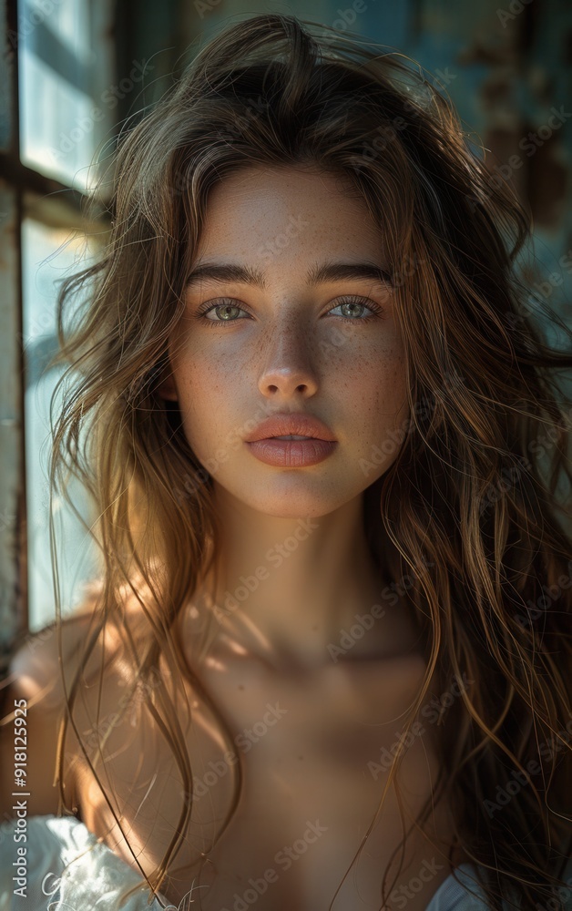 A woman with long brown hair and a greenish tint to her eyes. She is wearing a white shirt and is looking directly at the camera A woman with long brown hair and a greenish tint to her eyes. She is wearing a white shirt and is looking directly at the camera