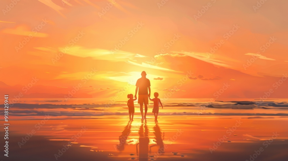 A serene sunset beach scene featuring a parent and two children walking along the shoreline, creating lasting family memories. A serene sunset beach scene featuring a parent and two children walking along the shoreline, creating lasting family memories.