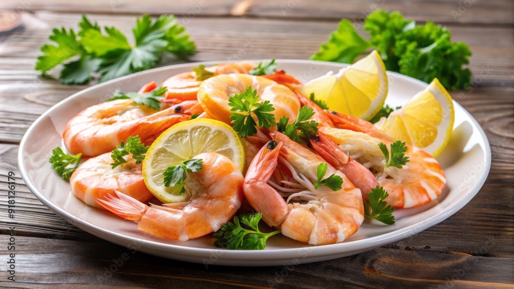 Freshly peeled succulent shrimp arranged on a white plate, glistening with moisture, and garnished with a sprinkle of parsley and a lemon wedge. Freshly peeled succulent shrimp arranged on a white plate, glistening with moisture, and garnished with a sprinkle of parsley and a lemon wedge.