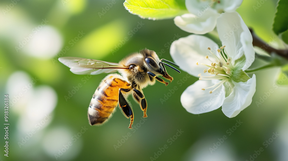 Photo of A honeybee flying near an apple blossom, with its legs full of nectar., natural lighting, Photo of A honeybee flying near an apple blossom, with its legs full of nectar., natural lighting,