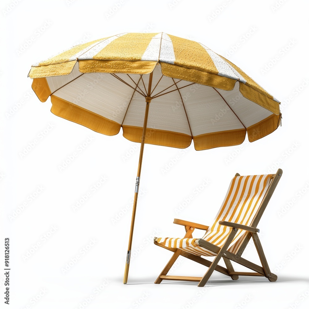 Colorful Beach Umbrella and Striped Deck Chair on White Background - Summer Vacation Setup Generative AI Colorful Beach Umbrella and Striped Deck Chair on White Background - Summer Vacation Setup Generative AI