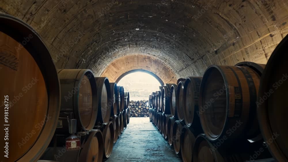 Oak Barrels Lined Up in Wine Cellar Tunnel With Natural Light Streaming Oak Barrels Lined Up in Wine Cellar Tunnel With Natural Light Streaming