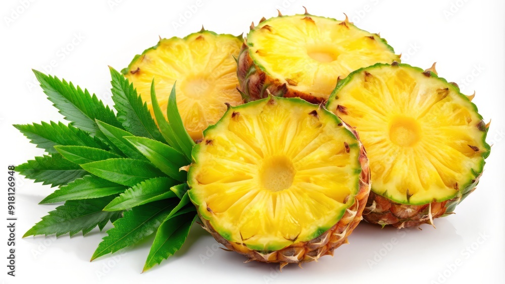 Fresh yellow pineapple slices lay flat on a white background, glistening with juice and featuring vibrant green leaves, perfect for culinary or summer-themed designs. Fresh yellow pineapple slices lay flat on a white background, glistening with juice and featuring vibrant green leaves, perfect for culinary or summer-themed designs.