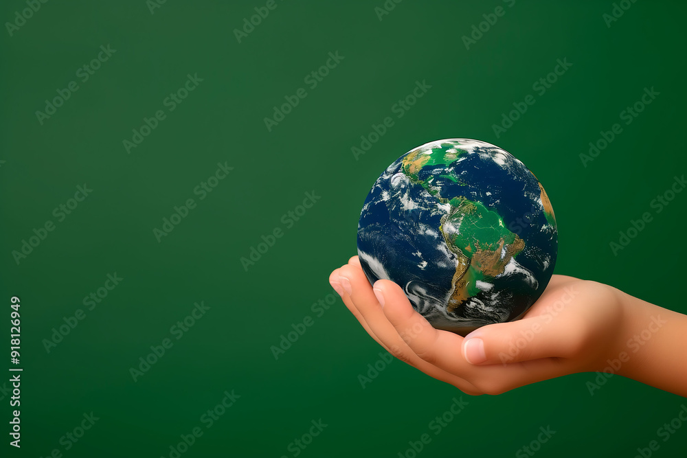Hand holding Earth globe on green background, environmental care concept