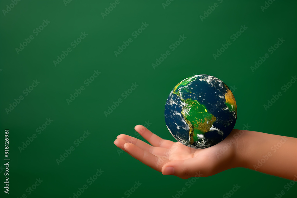 Hand holding Earth globe on green background, environmental care concept Hand holding Earth globe on green background, environmental care concept