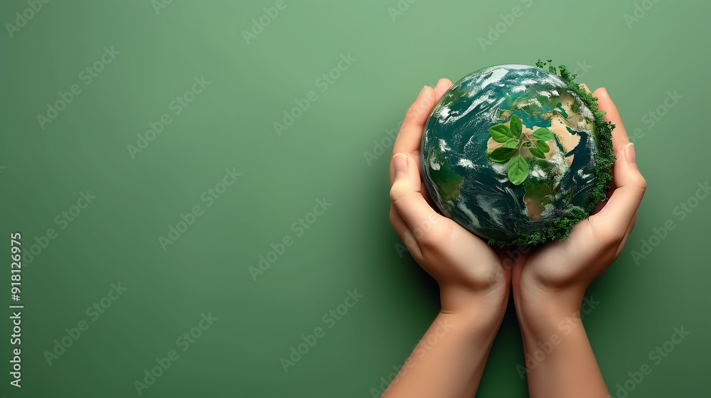 Hands gently holding Earth globe adorned with green leaves Hands gently holding Earth globe adorned with green leaves