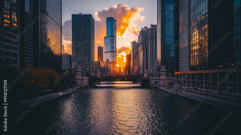 The view of towering skyscrapers beside a river during the golden hour, with the warm light creating a stunning contrast against the cool tones of the water The view of towering skyscrapers beside a river during the golden hour, with the warm light creating a stunning contrast against the cool tones of the water