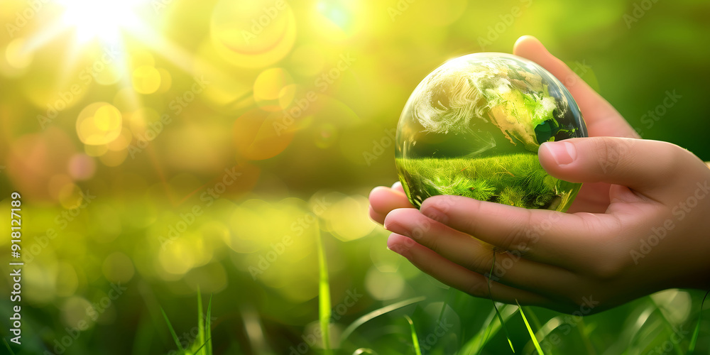 Child hands holding green Earth globe in nature