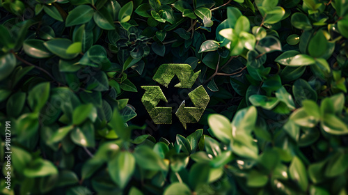 Recycle symbol surrounded by lush green leaves