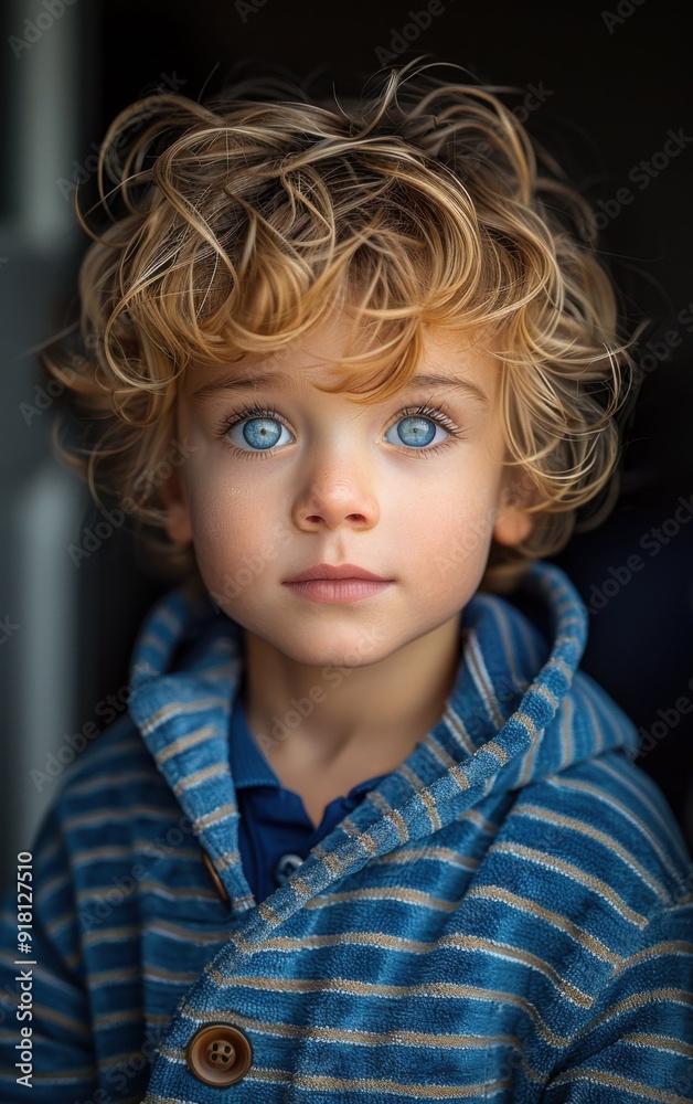 A young boy with blonde hair and blue eyes is wearing a blue striped shirt. He is looking directly at the camera A young boy with blonde hair and blue eyes is wearing a blue striped shirt. He is looking directly at the camera