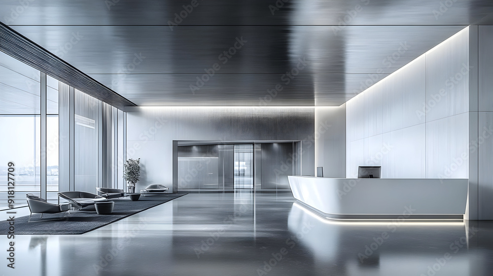 Modern office lobby with sleek reception desk. Modern office lobby with sleek reception desk.