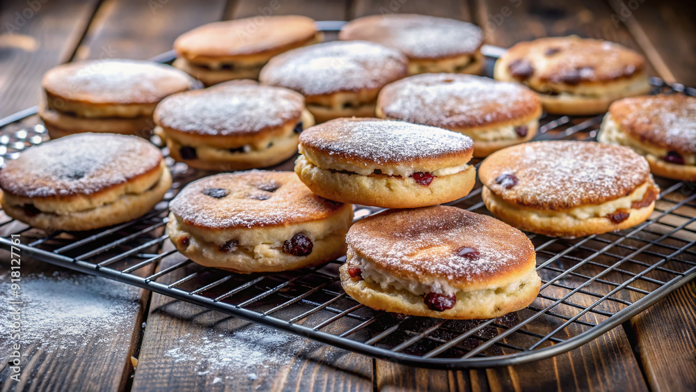 Traditional Welsh cakes freshly baked and arranged on a wire rack, emitting a warm aroma, with a sprinkle of sugar and a hint of nostalgia.