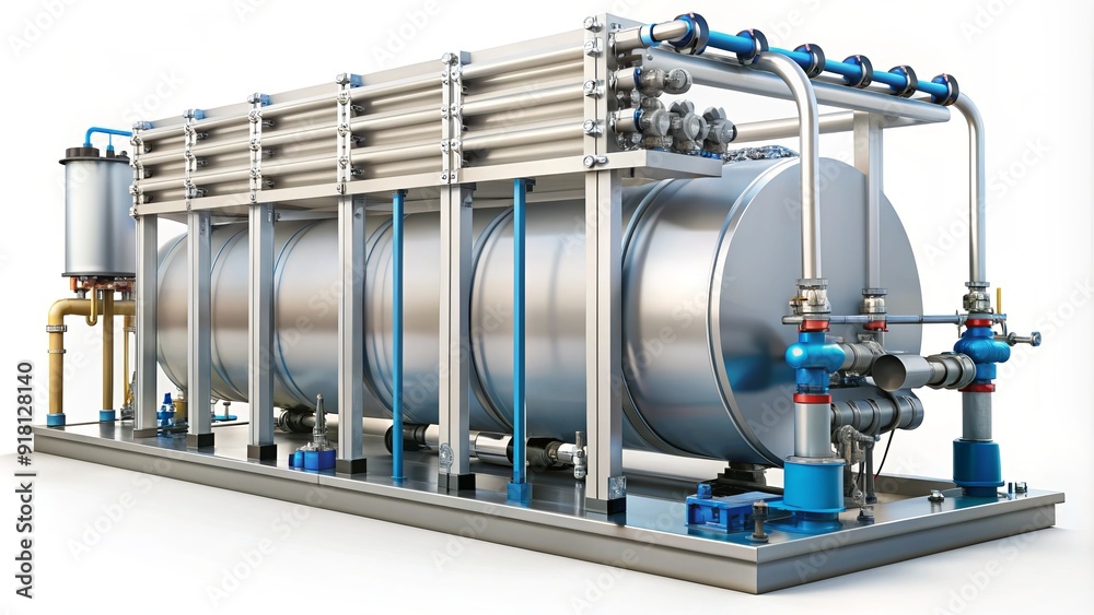 Industrial hydrogen fuel cell tank with valves and pipes, isolated on white background, representing sustainable energy storage and eco-friendly transportation solutions. Industrial hydrogen fuel cell tank with valves and pipes, isolated on white background, representing sustainable energy storage and eco-friendly transportation solutions.