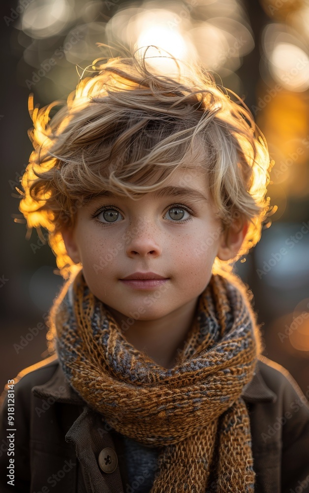 A young boy with blonde hair and blue eyes is wearing a scarf and a brown jacket. He is smiling and looking at the camera A young boy with blonde hair and blue eyes is wearing a scarf and a brown jacket. He is smiling and looking at the camera
