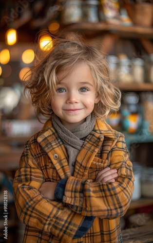 Wallpaper Mural A young child wearing a plaid jacket and scarf is smiling for the camera. The child's arms are crossed, giving the impression of confidence and a sense of security. The scene takes place in a store Torontodigital.ca