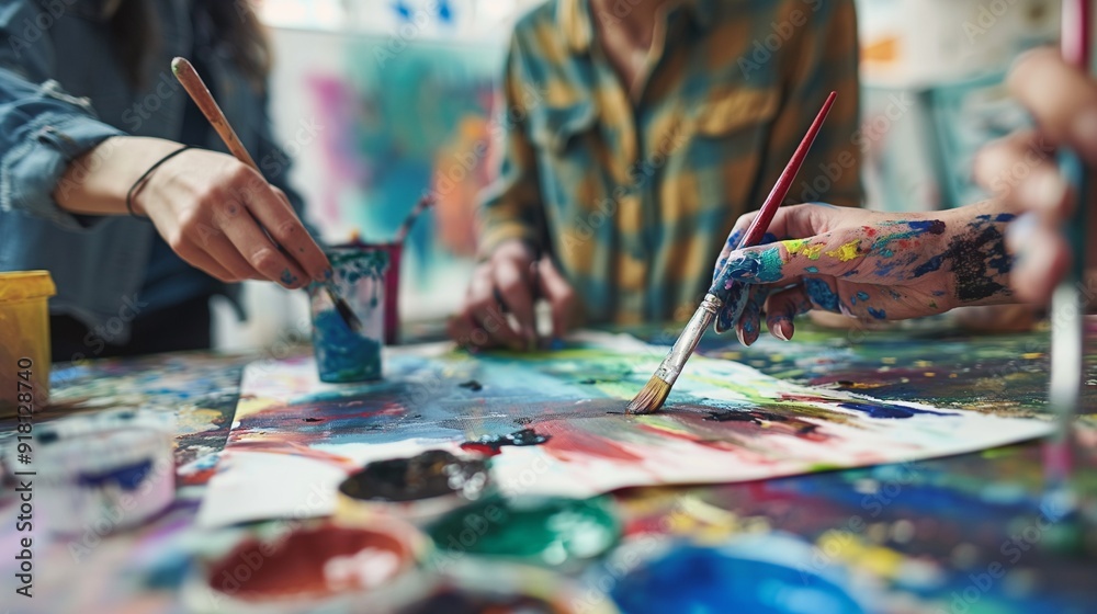 People express themselves doing art during an art therapy workshop with paints, brushes, and canvases. Therapeutic benefits of creativity and self-expression in mental health and emotional well-being People express themselves doing art during an art therapy workshop with paints, brushes, and canvases. Therapeutic benefits of creativity and self-expression in mental health and emotional well-being