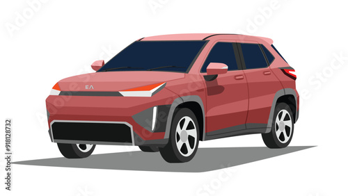 Objec perspective design of EV car site SUV cross over red color. Wih shadow and isolated white background.
