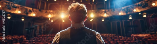 Actor on stage in a grand theater, illuminated by stage lights, performing to an empty audience, showcasing the art of theater.