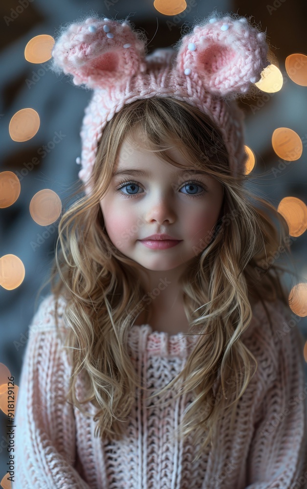 A young girl wearing a pink hat and a pink sweater. She has long blonde hair and a bright smile