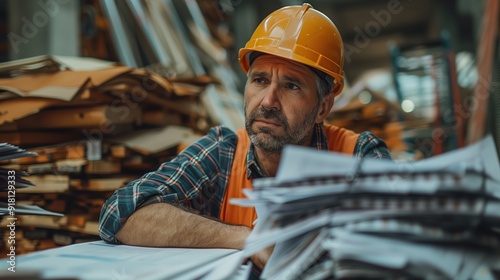 Frustrated Construction Worker in Hard Hat Overwhelmed with Paperwork in Industrial Setting