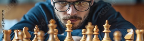 Chess player studying moves at a board, strategic practice, mental agility photo