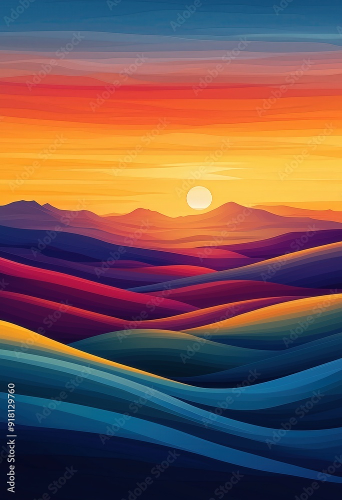 Abstract illustration of colorful sunset over the vast, rolling prairie landscape Abstract illustration of colorful sunset over the vast, rolling prairie landscape